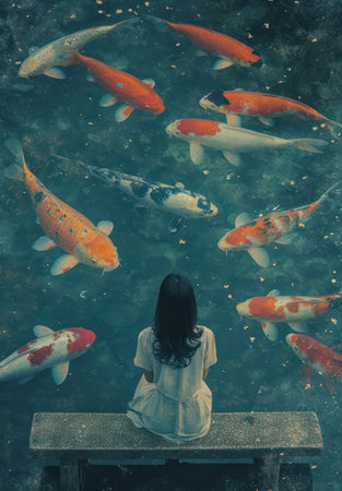 Aquatic Beauty: Colorful Koi Carp Swimming in a Japanese Garden Pondの素材