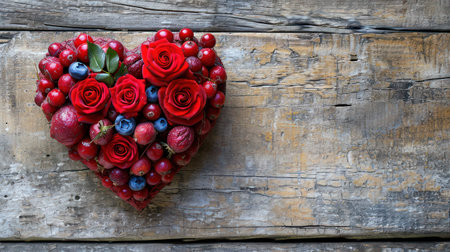 Romantic Love: Red Heart Bouquet on Wooden Table with Vintage Greeting Card for Valentines Dayの素材