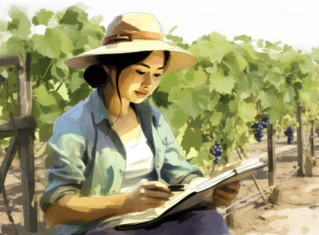 Portrait of a Young Woman, a Professional Farmer, Picking Fresh Grapes in a Sunny Organic Vineyard Fieldの素材