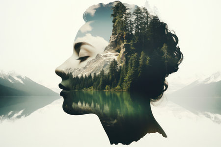 Natures Reflection: A Double Exposure Portrait of Spiritual Femininity in a Tranquil Forestの素材