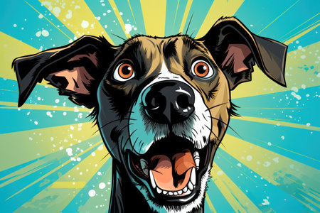 Funny Happy Dog Portrait Illustration: Cute Cartoon Puppy with Red and White Coat, Expressive Eyes, and Curious Ears, on Colorful Retro Comic Style Background, Concept of a Playful Pet with a Pop Art Twist.の素材