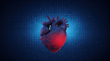 Cardiovascular Resonance: Examine the Three-Dimensional Anatomy of the Human Heart and Circulatory System in a Digital, Wireframe Polygonal Hologram on a Red Backgroundの素材