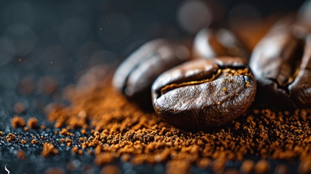 Brown Espresso: Rich Aroma of Dark Roast Coffee beans on Textured Wooden Tableの素材