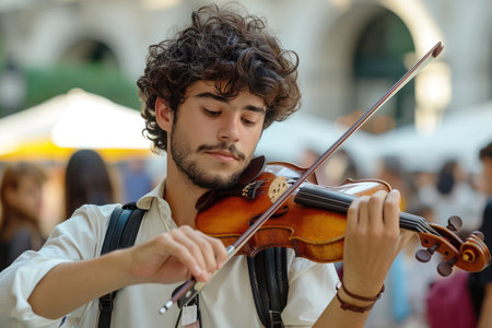 Elegant Male Violinist Creating Beautiful Melodies in a Serene, Autumn Parkの素材