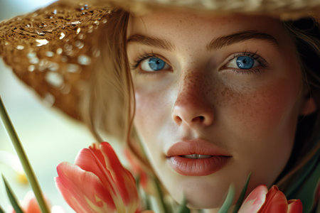 Spring Blossom: A young, attractive caucasian model with flawless skin and bright, expressive eyes, wearing colorful make-up and a luxurious pink lipstick, against a white background adorned with fresh floral elements, exuding beauty, health, and elegance.の素材