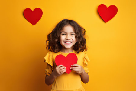 Lovely Heart: Red Paper Symbol of Love, a Cute Little Girl Holding a Valentines Day Card, Expressing Happiness and Joy.の素材