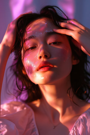 The Glowing Beauty: A Close-up Portrait of a Young Woman with Sparkling Make-up and Iridescent Dress against a Bright White Backgroundの素材