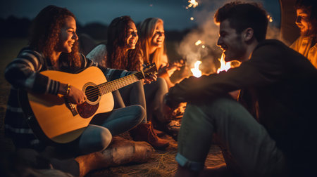 Friends Together, Enjoying Summer Holiday: Happy Young People Having Fun at a Campfire Picnic Partyの素材