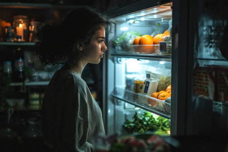 Refrigerator Reflection: A Young Caucasian Woman, Alone at Midnight, Searching for Healthy Snacks Inside a Dark Kitchenの素材