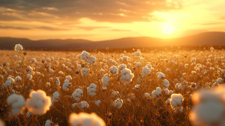 Natures Majestic Paintings: A Serene Meadow Embraces a Radiant Sunsetの素材