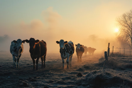 Dawn in the Rural Serenity: A Cow Grazing in a Green Pasture under the Soothing Morning Sunlight, Creating a Picture-Perfect Landscape of a Farming Tradition.の素材