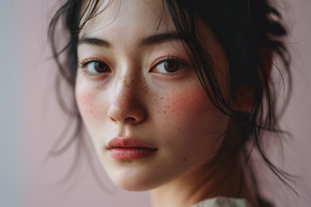 Serious Young Woman with Pretty Freckles, Natural Makeup, and Healthy Skin in a Studio Close-up Portraitの素材