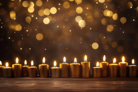 Golden Glow: A Festive Christmas Candle, Illuminated in the Dark, Radiates Warmth and Romance on a Blurred Bokeh Backgroundの素材