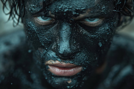 Dark Beauty: Serene Portrait of a Black-faced Model Covered in Red and Blue Paint, with Intense Eyes and a Mysterious Mask against a Dirty Backgroundの素材