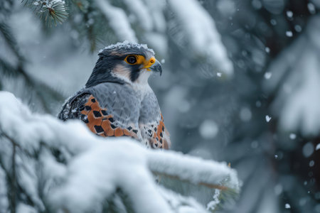 Snowy Hunter: Majestic Eurasian Bird of Prey Perched on Snow-Covered Branch, Gazing Intently with Fiery Eyes against a Winter Forest Backgroundの素材