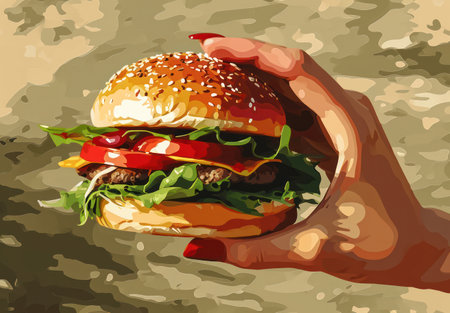 Tasty Beef Burger with Lettuce and Cheese, Mouthwatering Delight on Sesame Bun.の素材