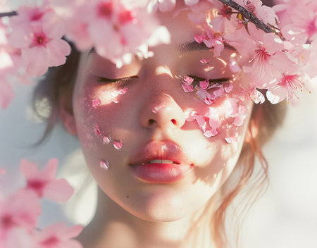 Floral Beauty: Young Woman with Pink Blossom in a Gardenの素材