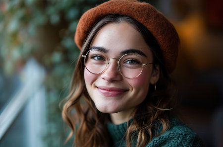 Cute Caucasian Female Model with Glasses, Smiling Happily in Stylish Hat, Enjoying the Outdoors in Urban City Streetの素材
