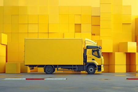 Fast Delivery Truck on Busy Road, Carrying Large Cargo Load, Passing by White Warehouse.の素材