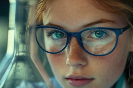 Stylish Caucasian Businesswoman Posing Indoor, Wearing Fashionable Eyeglasses and Looking Gorgeous at Computer Screen in Modern Officeの素材