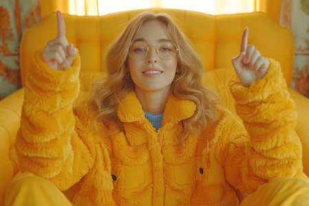 Happy Young Woman, Attractive Female Model in Stylish Casual Dress, Posing with Cheerful Expression, on White Studio Backgroundの素材
