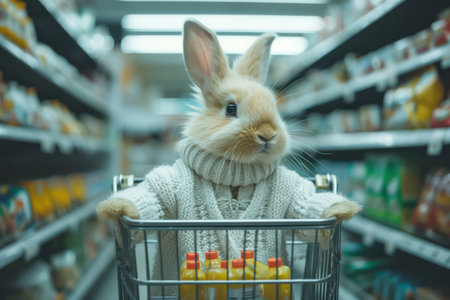 Cute Bunny with a Food Cart at the Supermarket: Adorable, Fluffy and Happy Shopping Companion in a Grocery Storeの素材