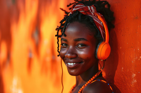 Happy Female DJ Listening to Music with Earphones, Smiling Cheerfully on a White Backgroundの素材