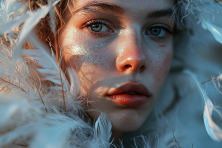 Beauty Portrait of a Fashionable Female Model: Young Woman with Pretty Caucasian Features and Stylish Makeup, Lips, and Hair, Exuding Glamour and Attractiveness. Close-up Studio Look with a Natural and Dark Background.の素材