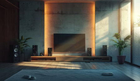 Modern Black Sound Equipment Speaker on Concrete Wall, Illustration of a Musical Performance in a Bright Blue Concert Hallの素材