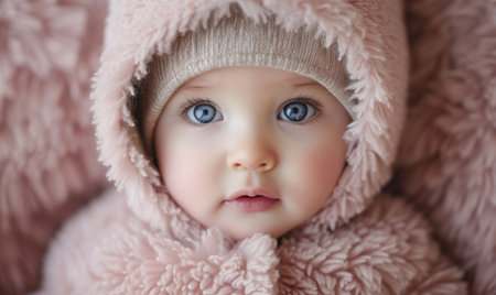 Close up portrait of adorable baby in pink fur coat looking at the cameraの素材