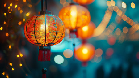 Colorful chinese lanterns hanging from a street lamp in a city at nightの素材