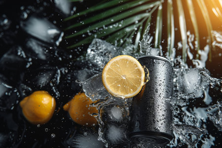 Refreshing soda with ice and lemons in a black background with the sun shining in the backgroundの素材