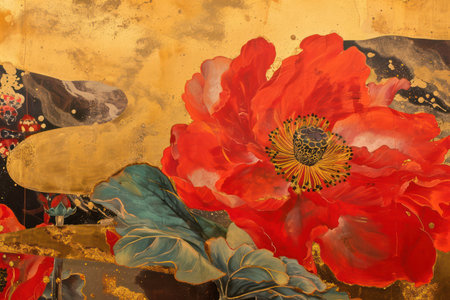 Vibrant Floral Poppy Blossom: A Colorful Watercolor Illustration with Red Flowers on a Vintage Paper Backgroundの素材