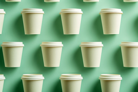 White paper coffee cups lined up in a row on a vibrant green background, minimalistic style conceptの素材