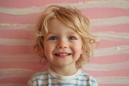 Happy young boy with blonde hair and blue eyes smiling in front of a pink wall portraitの素材