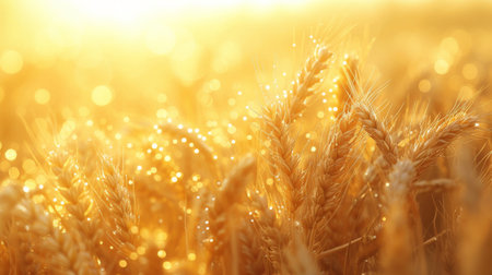 Majestic golden wheat field at sunset with sunlight shining through the leaves creating a beautiful natural sceneの素材