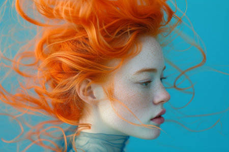 Vibrant Orange Haired Woman with Long Wavy Hair in Front of Blue Sky Backgroundの素材