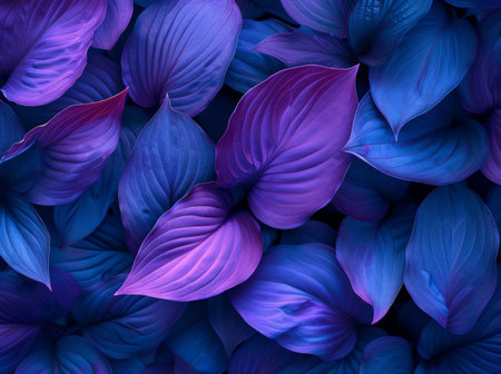 Closeup image of purple and blue leaves in a bunch, showcasing vibrant colors and intricate detailsの素材