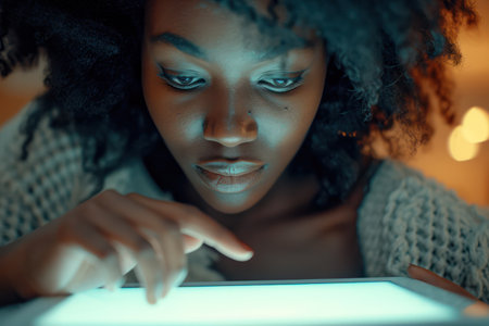 Thoughtful African American Female Student Sitting at Home, Holding a Notebook and Thinking, with a Dark Background.の素材