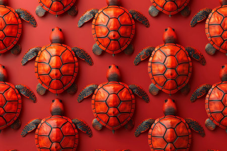 Seamless red sea turtles pattern on bright red background in 3D rendering for graphic design and textilesの素材