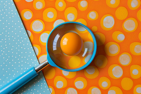 Magnifying Glass and Orange Egg on Polka Dot Pattern Background, Concept of Discovery and Easter Symbolismの素材