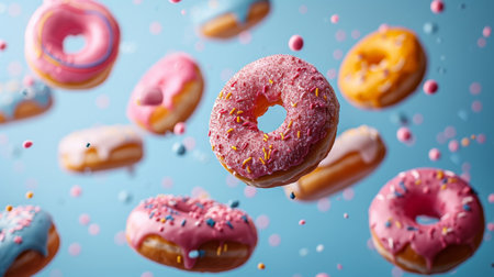 Several colorful donuts floating in the air with sprinkles and toppings on themの素材