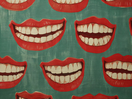 Bright and bold painting of red and white teeth on a vibrant green background with a focal point of white teeth in the centerの素材
