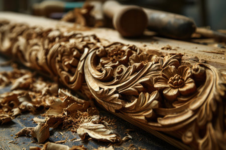 Captivating Ancient Temple: A Harmonious Fusion of Art, Culture, and Religion in the Decorative Style of Traditional Thai Architecture, with an Exquisite Wood Carved Buddha Statue on a Textured Wooden Backgroundの素材