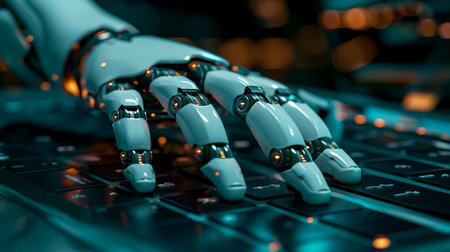 Advanced Robotic Hand Typing on Laptop Keyboard with Computer Screen in Background Conceptの素材