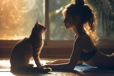 Woman practicing yoga on mat with cute cat sitting next to her in peaceful and harmonious atmosphereの素材