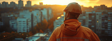 Man in orange jacket and hard hat overlooking city skyline at sunset with dramatic cloudsの素材