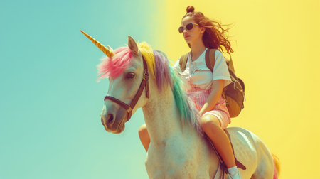 Woman riding white horse against colorful background of pink and yellow sky, symbolizing freedom and adventureの素材