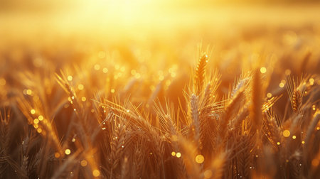 Beautiful golden wheat field at sunset with dew drops on the wheat, creating a magical and serene atmosphereの素材