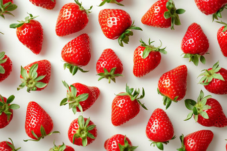 Fresh ripe strawberries arranged in a beautiful pattern on a clean white background for a vibrant summer themeの素材